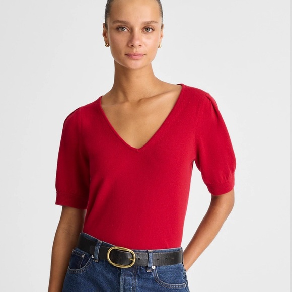 New - Madewell cashmere V-Neck Puff-Sleeve Sweater Tee - Picture 4 of 5